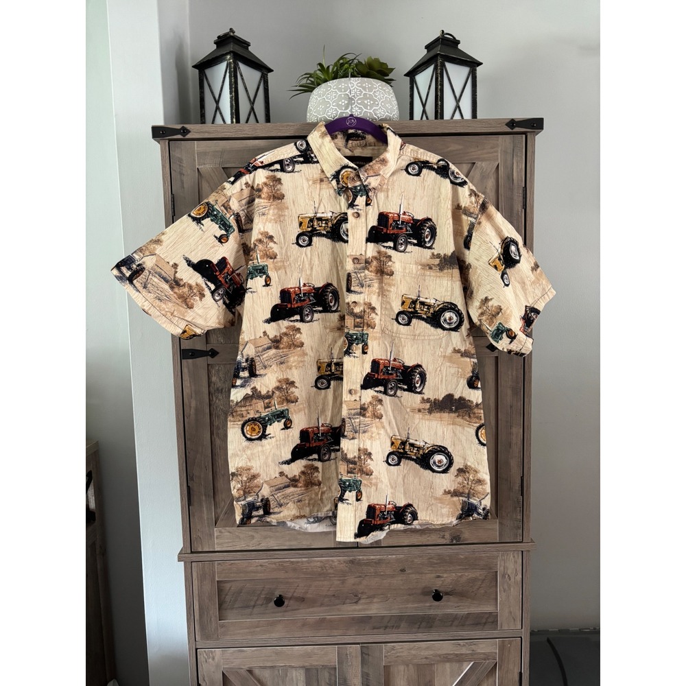 Bit & Bridle Mens XL Vintage Tractor Print Button Down Shirt Short Sleeve Cotton